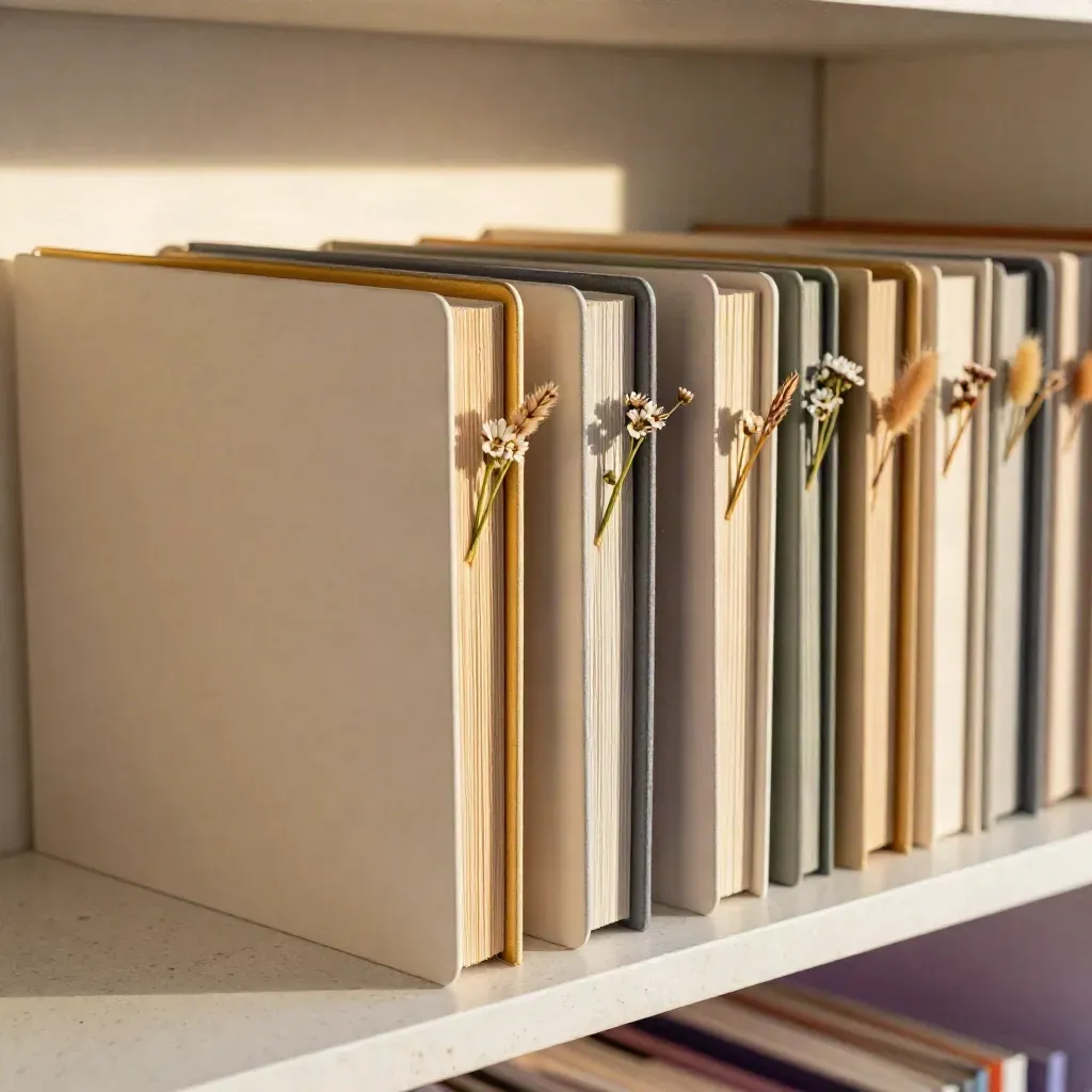 Curated match folders with small neutral bouquets on travertine