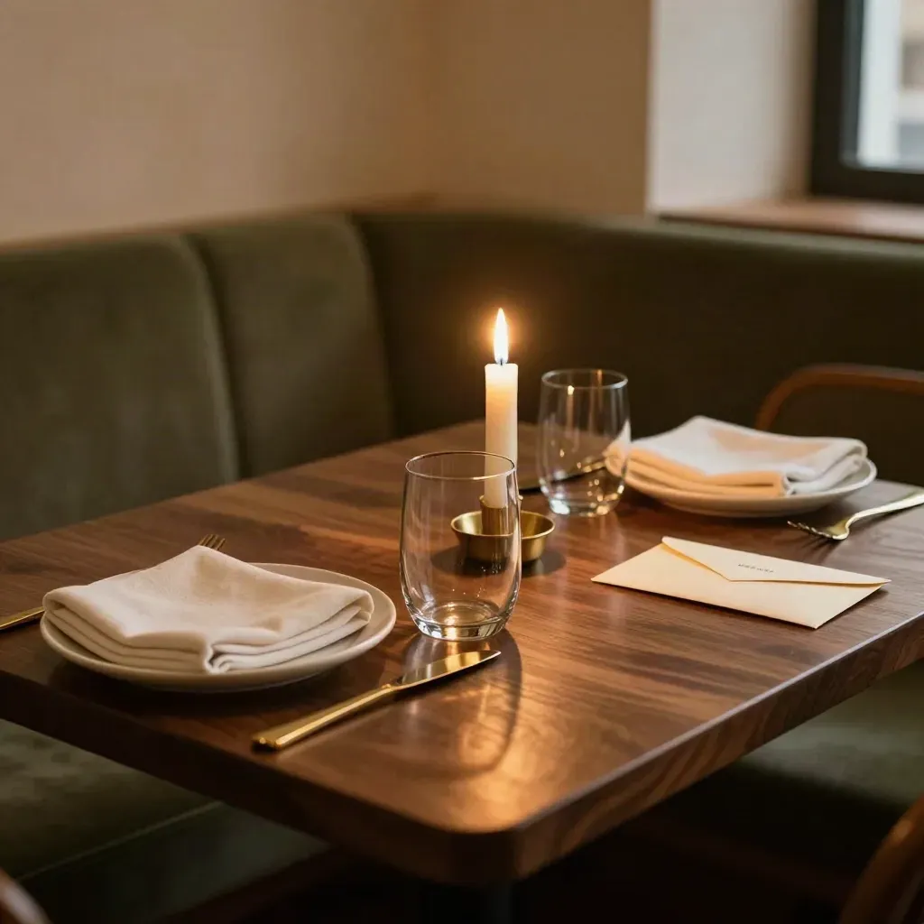 Elegant candlelit first-date table with gold accents in a moody bistro