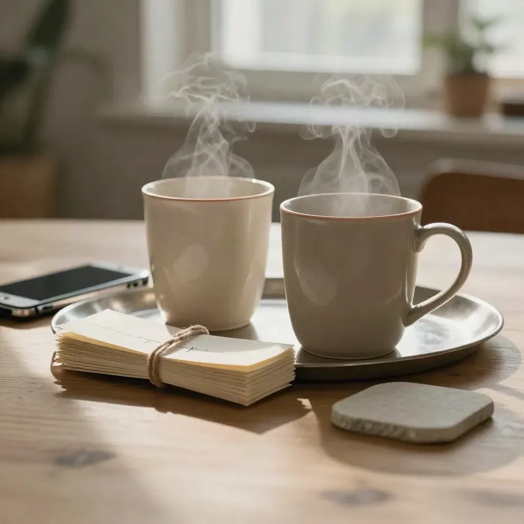 Steam rises from two mugs beside a sleeping phone and stacked reply strips.