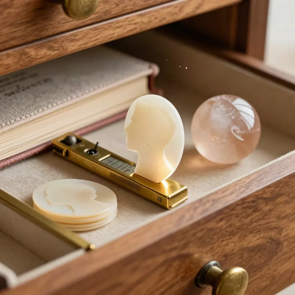 Macro of a brass match index, ledger, ivory chips and rose-quartz paperweight in a drawer.