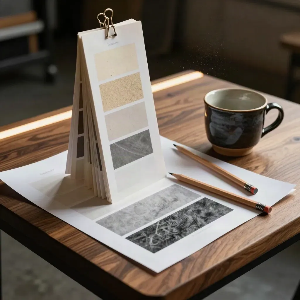 Tone swatches, proof corners, graphite pencils and a ceramic cup on a walnut bench.