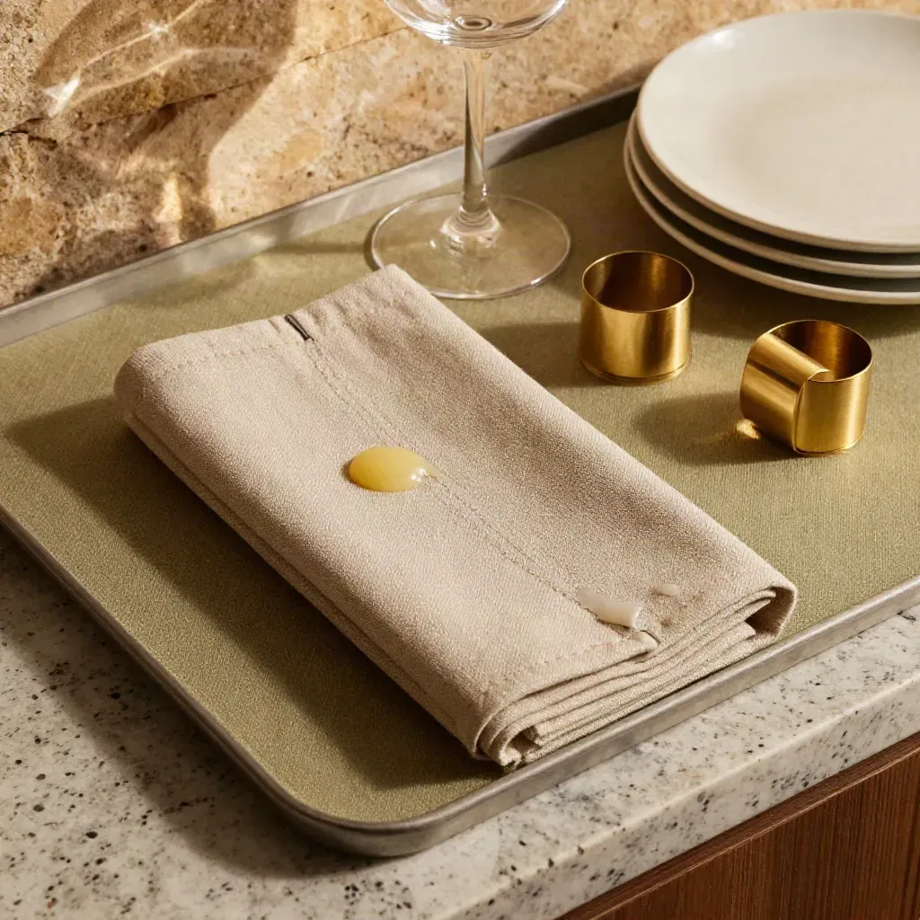 Overhead of linen napkins, coupe stems, candle wax and brass rings on a travertine prep counter.