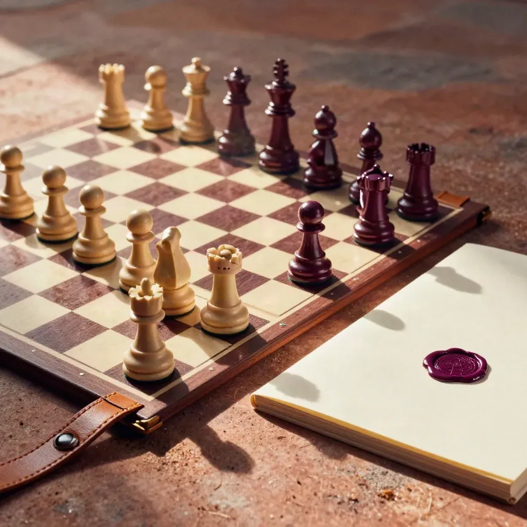 Ivory and plum strategy board beside a leather strap and sealed dossier on terracotta stone.