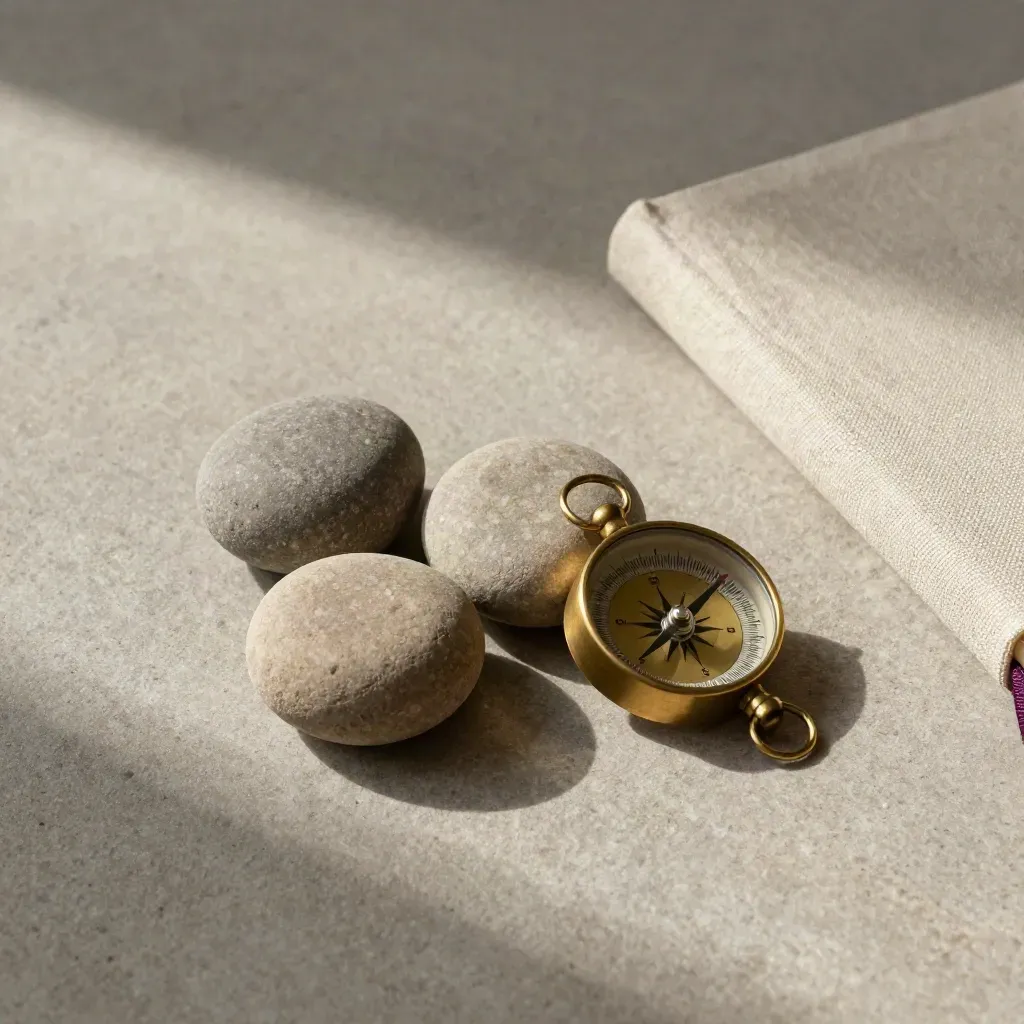 Brass compass, goal stones, and linen notebook on a stone desk in soft side light.