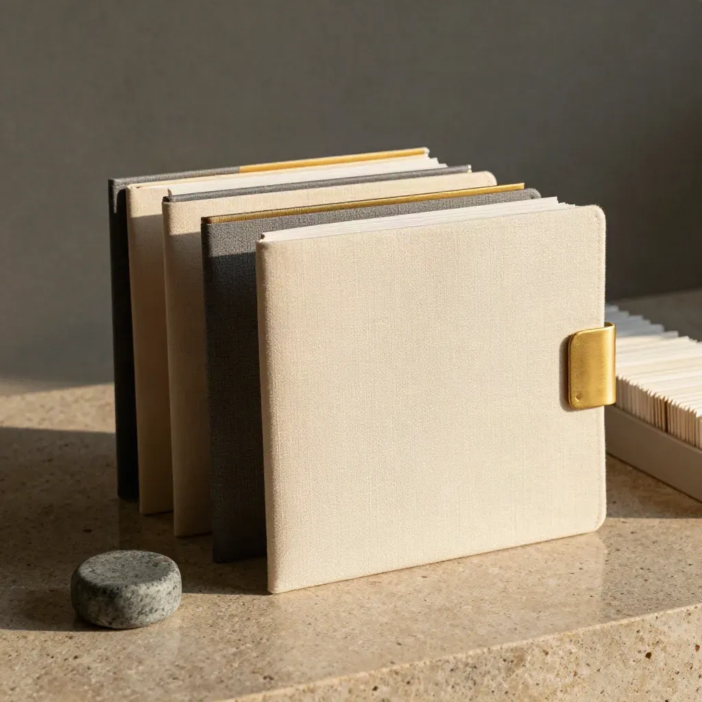 Neutral profile folders, gold tabs and a stone paperweight on a limestone slab.