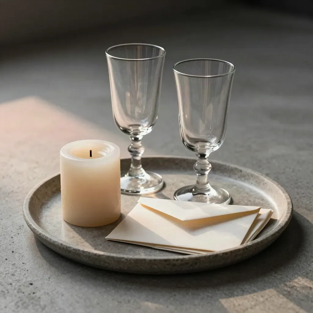 Tray still life with candle, glasses, napkin and sealed envelope in soft romantic light.