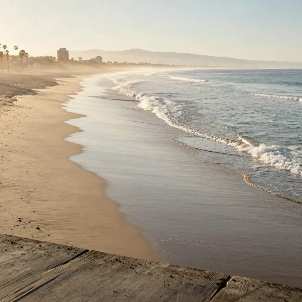 Sunlit Santa Monica coastline and hazy city line over calm open sand.
