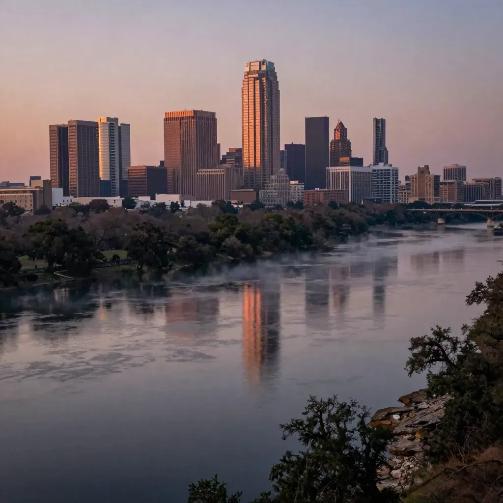 Austin skyline glowing above the Colorado River at dusk with oak silhouettes